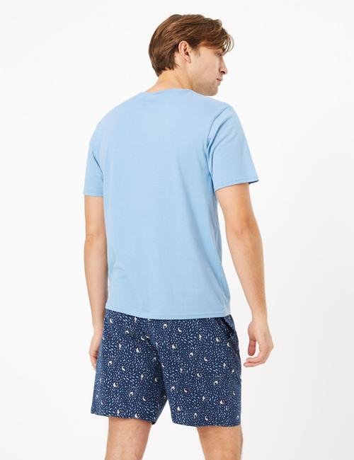 Mavi Saf Pamuklu Desenli Pijama Takımı