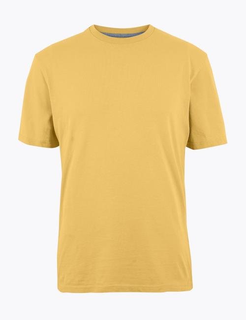 Sarı Saf Pamuklu Yuvarlak Yaka T-shirt