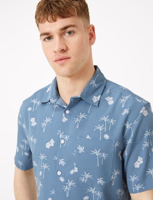 Mavi Palmiye Ağacı Desenli Kolay Ütülenebilir Gömlek