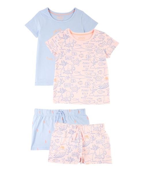 Mavi 2'li Kısa Kollu Desenli Pijama Takımı