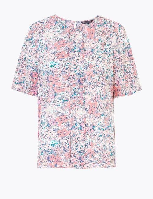 Multi Renk Kısa Kollu Çiçek Desenli Bluz