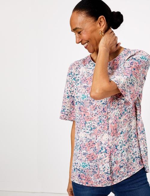 Multi Renk Kısa Kollu Çiçek Desenli Bluz
