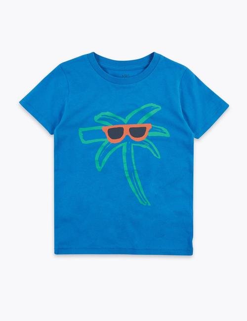 Mavi Palmiye Ağacı Desenli T-Shirt