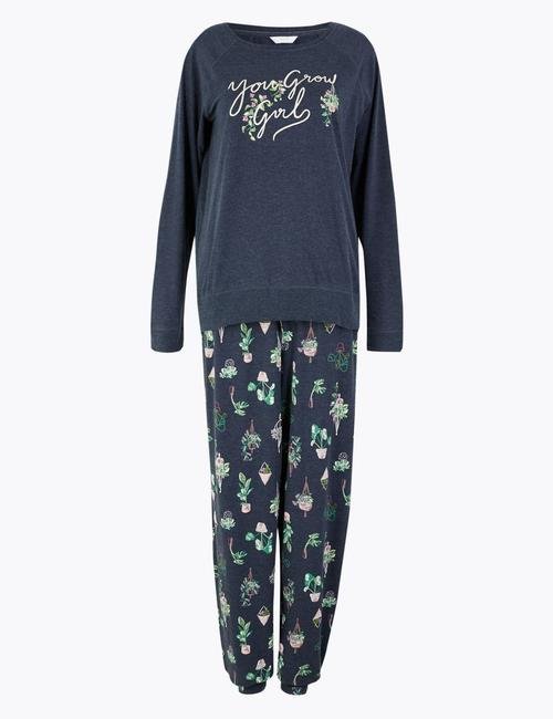 Lacivert Uzun Kollu Desenli Pijama Takımı