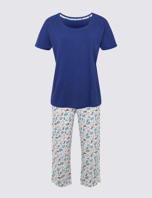 Koyu lacivert Kısa Kollu Crop Pijama Takımı
