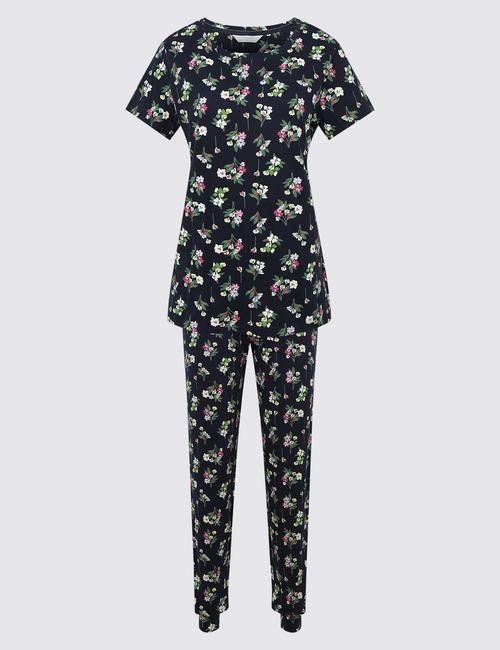Lacivert Çiçek Desenli Pijama Takımı