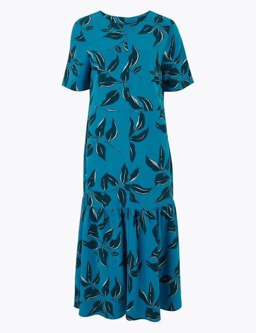 Mavi Yaprak Desenli Midi Elbise