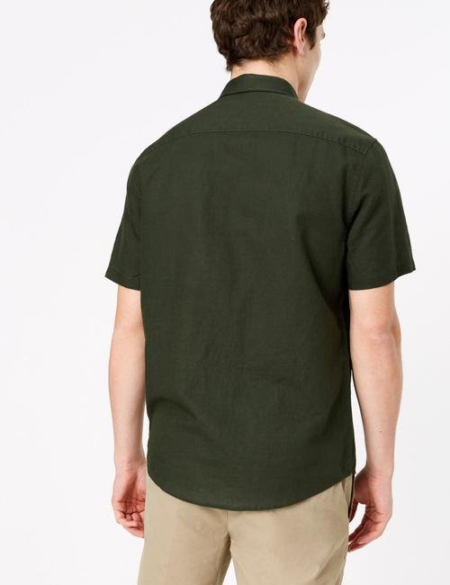 Yeşil Kolay Ütülenebilir Keten Karışımlı Gömlek