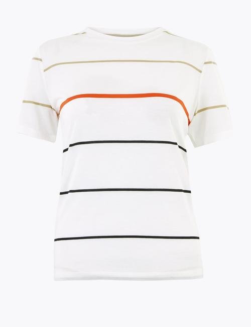 Beyaz Çizgili Kısa Kolllu T-Shirt