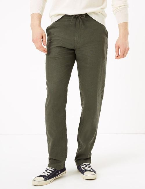 Yeşil Keten Regular Fit Pantolon