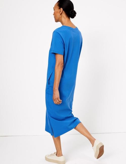 Mavi Saf Pamuklu Midi Elbise