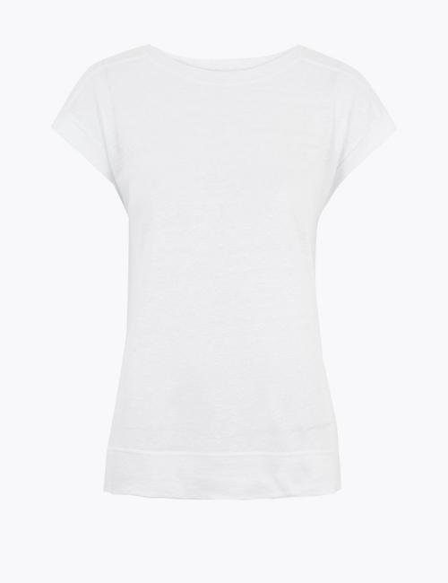 Beyaz Keten Kısa Kollu T-Shirt