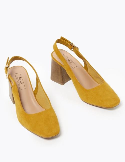 Sarı Kare Burunlu Süet Topuklu Ayakkabı