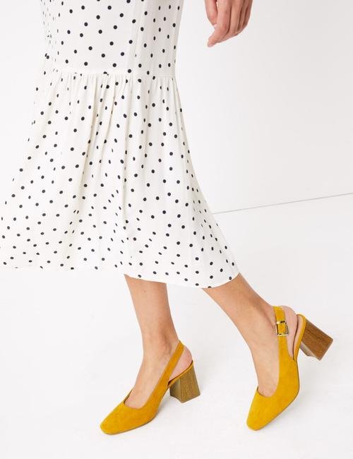 Sarı Kare Burunlu Süet Topuklu Ayakkabı