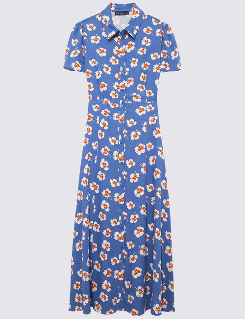 Mavi Çiçek Deseni Midi Gömlek Elbise