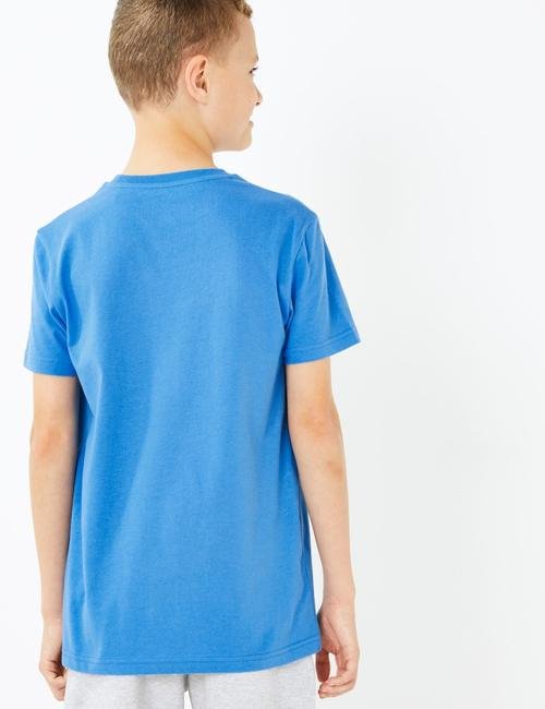Mavi Saf Pamuklu Desenli T-Shirt