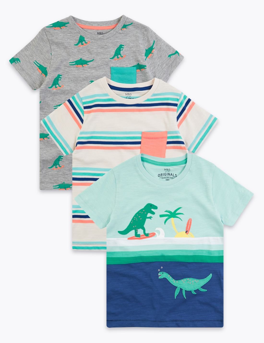 3'lü Dinozor Desenli T-Shirt