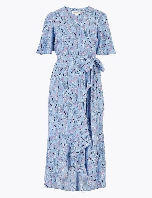 Mavi Desenli Anvelop Midi Elbise