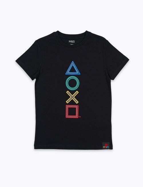 Siyah Saf Pamuklu PlayStation™ Kamuflaj T-Shirt (6-16 Yaş)