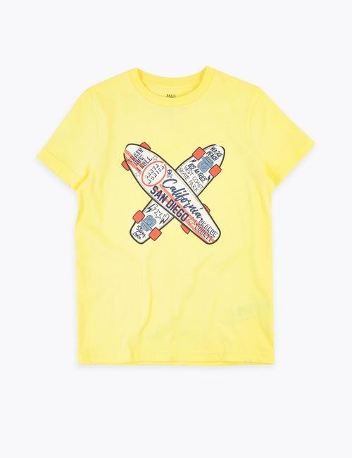 Sarı Saf Pamuklu Desenli T-Shirt