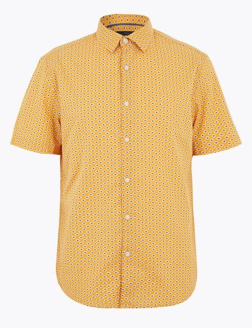 Sarı Saf Pamuklu Geometrik Desenli Gömlek