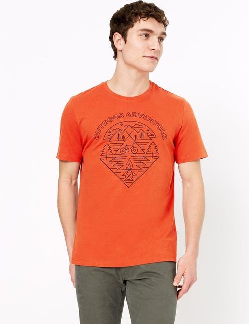 Turuncu Saf Pamuklu Grafik Desenli T-Shirt