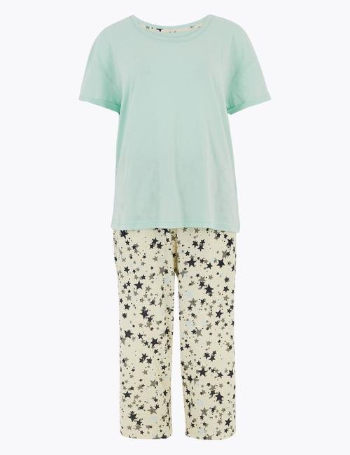Yeşil Yıldız Desenli Crop Pijama Takımı