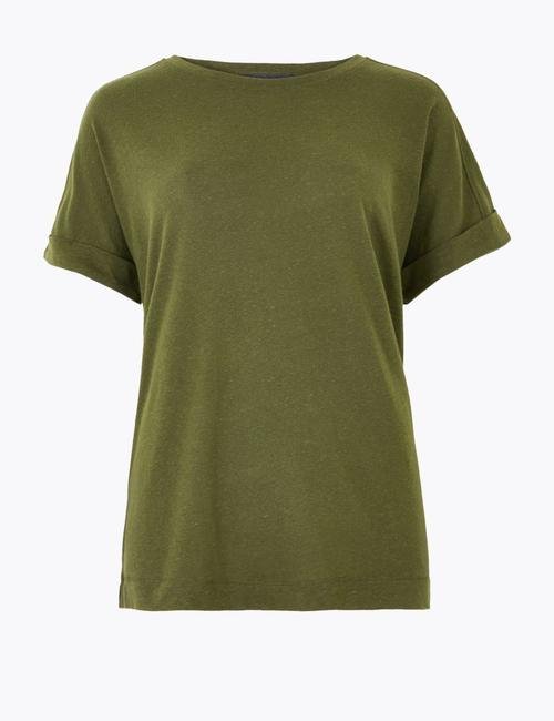 Yeşil Keten Relaxed Fit T-Shirt