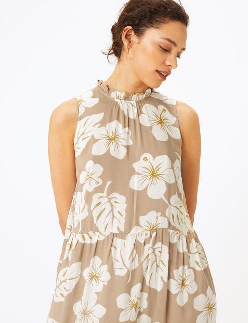 Bej Çiçek Desenli Midi Elbise