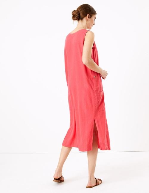 Kırmızı Keten Midi Elbise