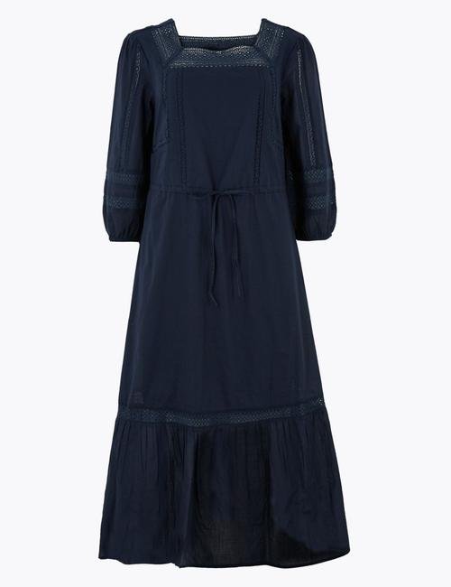 Lacivert Dantel Detaylı Midi Elbise