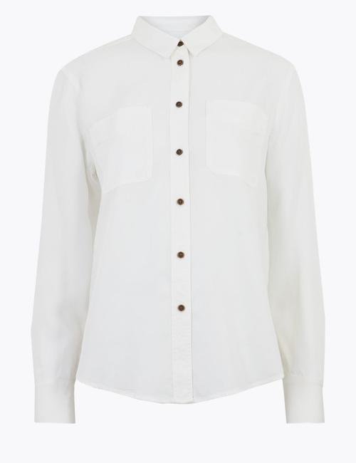 Beyaz Tencel ™ Düğme Detaylı Gömlek