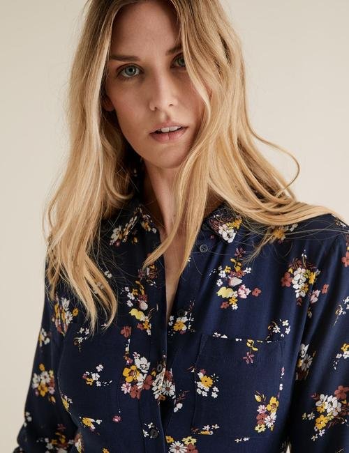 Lacivert Çiçek Desenli Gömlek Elbise