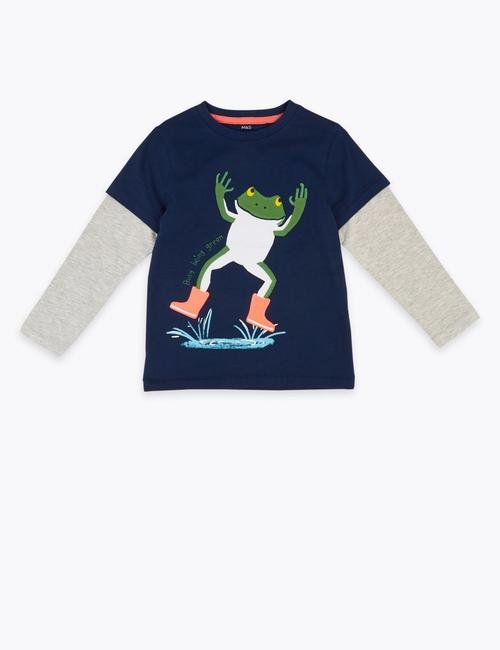 Lacivert Kurbağa Desenli Uzun Kollu T-Shirt