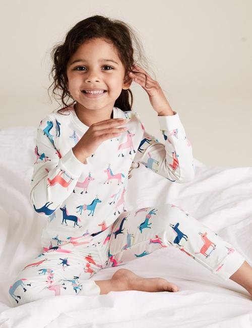 Beyaz Pamuklu Unicorn Desenli Pijama Takımı