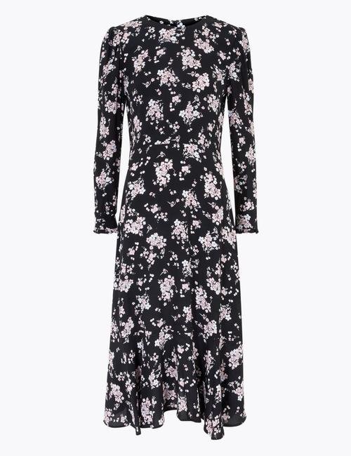 Siyah Çiçek Desenli Midi Elbise