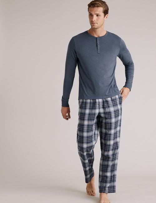 Mavi Premium Pamuklu Henley Pijama Üstü