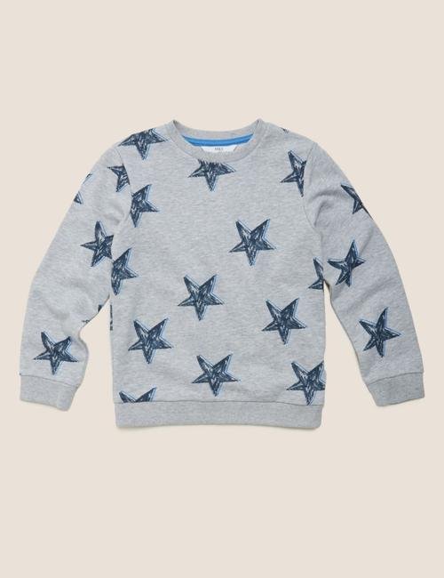 Gri Pamuklu Yıldız Desenli Sweatshirt