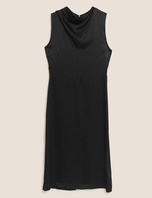 Siyah Saten Dökümlü Yaka Waisted Elbise