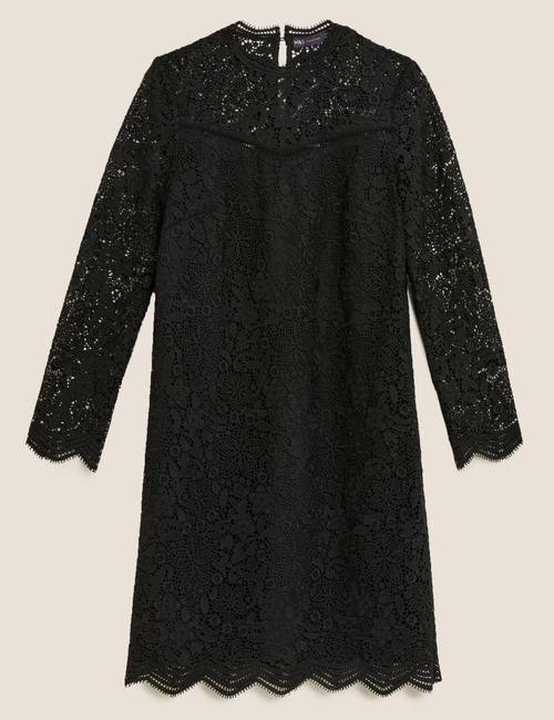 Siyah Dantel Detaylı Uzun Kollu Midi Elbise