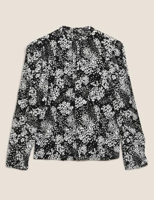 Siyah Çiçek Desenli Dik Yakalı Bluz