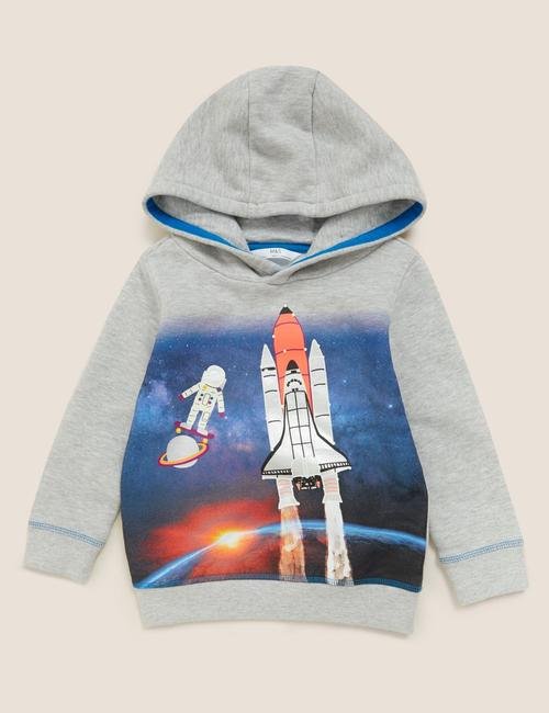 Gri Roket Desenli Kapüşonlu Sweatshirt (2-7 Yaş)