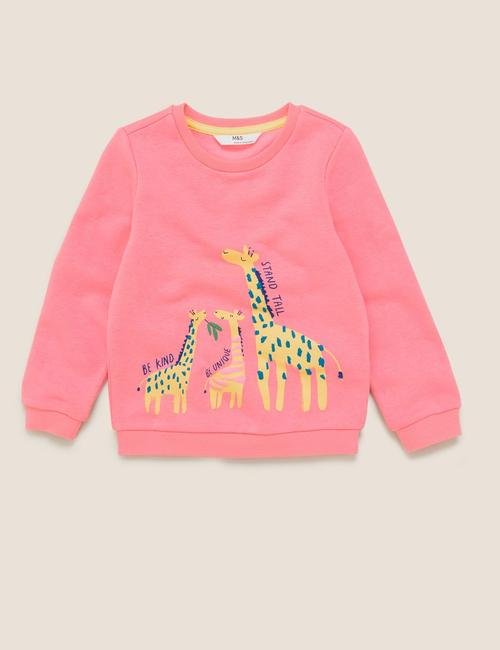 Pembe Pamuklu Zürafa Desenli Sweatshirt
