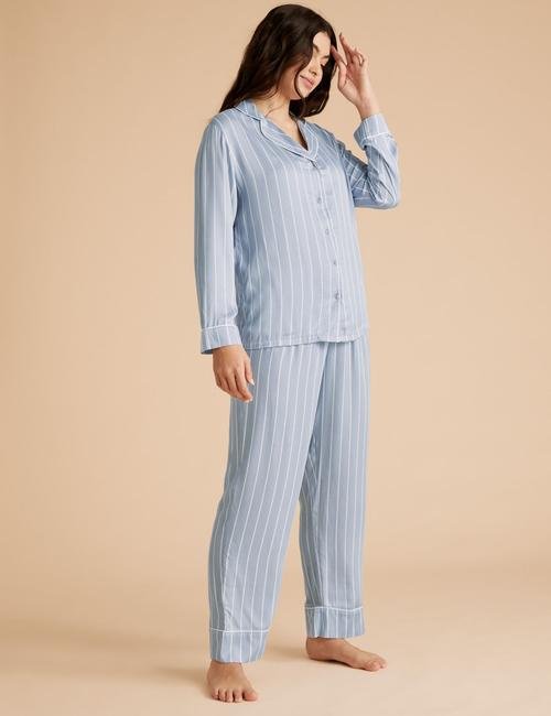 Mavi Çizgili Saten Pijama Takımı