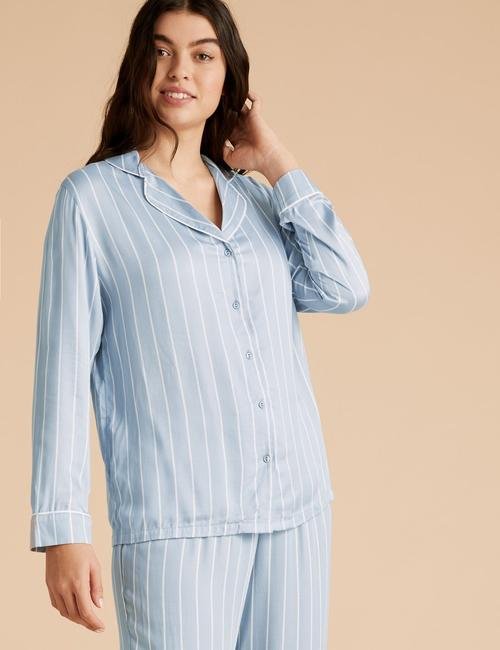 Mavi Çizgili Saten Pijama Takımı