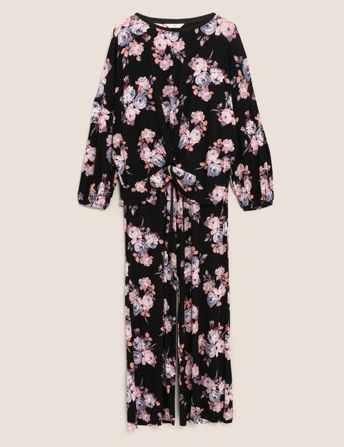 Siyah Çiçek Desenli Pijama Takımı