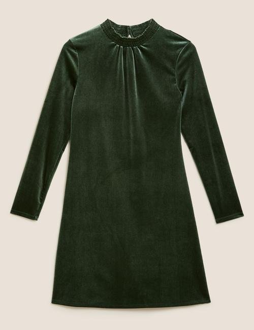 Yeşil Uzun Kollu Kadife Mini Elbise
