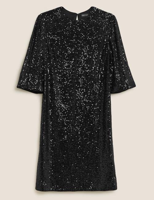 Siyah Pul Detaylı Kısa Kollu Mini Elbise