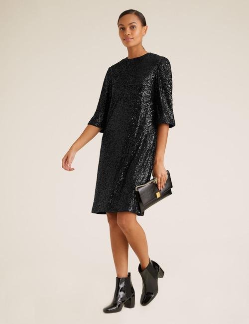Siyah Pul Detaylı Kısa Kollu Mini Elbise