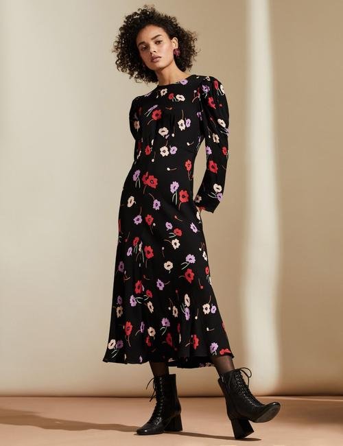 Siyah Çiçek Desenli Maxi Elbise
